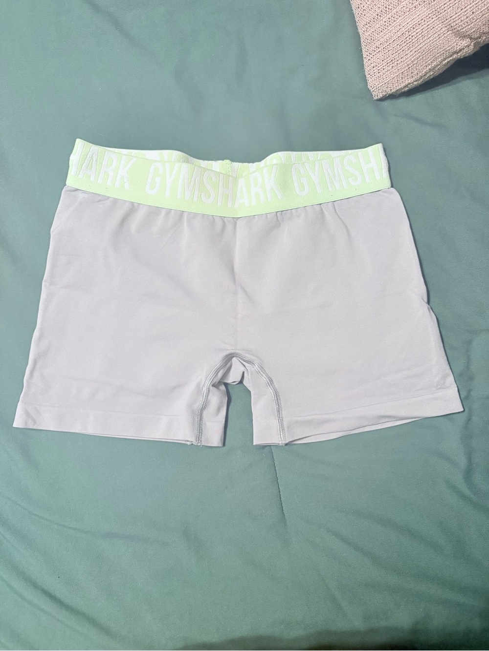 Gymshark Gray Bike Shorts with Green Logo Waistband Size M